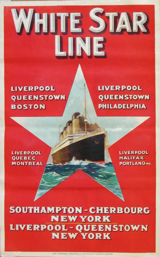 The Liverpool Printing & Stationary Co. printed this poster of the RMS Olympic circa 1920. It measures 40 3/4 inches by 25 1/2 inches. It has a £1,400-£1,600 ($2,300-$2,650) estimate. Image courtesy of Onslows Auctioneers.